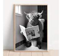 Baibexing Art Mural Abstrait Vache Assise Sur Les Toilettes Lisant Le Journal Peinture À L'Huile Sur Toile Hd En Noir Et Blanc Affiches Impressions Décoration D'Intérieur 30X40Cm Sans Cadre