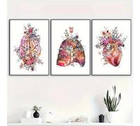 Baibexing Lot De 3 Affiches D'Anatomie, Art Mural, Fleur, Organe, Cerveau, Cœur, Poumon, Toile, Peinture, Étudiant, Éducation, Hôpital, Décoration Murale 60X80Cmx3Pcs Sans Cadre