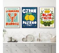 Baibexing Lot De 3 Affiches De Cuisine Avec Homard Français, Huile D'Olive Italienne Et Citrons, Impression Sur Toile, Décoration Murale Pour Salle À Manger 40X60Cmx3Pcs Sans Cadre