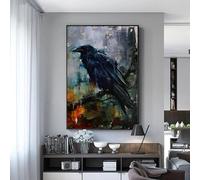 Baibexing Peinture À L'Aquarelle De Corbeau, Toile Imprimée, Affiche Murale D'Art D'Oiseau, Image De Corbeau Foncé Pour Cadeau D'Halloween, Décoration De Maison Pour Salon 50X70Cm Sans Cadre