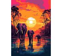 Baibexing Peinture Murale Vintage Avec Éléphants Et Coucher De Soleil, Paysage Animalier Sauvage, Affiches Et Impressions Sur Toile, Décoration D'Intérieur, Format A9 50X70Cm Sans Cadre