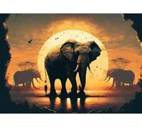 Baibexing Peinture Murale Vintage Représentant Des Éléphants Et Des Animaux Sauvages, Coucher De Soleil, Affiches Et Impressions Sur Toile, Décoration D'Intérieur, Format A4 40X60Cm Sans Cadre