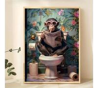 Baibexing Peinture Sur Toile Représentant Un Singe Humoristique Sur Les Toilettes Lisant Un Journal, Décoration Murale Pour La Maison 21X30Cm Sans Cadre
