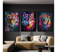Baibexing Peinture Sur Toile Représentant Un Tigre, Un Loup, Un Lion, Un Graffiti, Un Animal Coloré, Une Affiche Murale, Des Images Hd Pour La Décoration Du Salon. 50X70Cmx3Pcs Sans Cadre