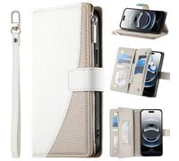 BaiFu Coque Portefeuille pour Nothing Phone 1, 6 emplacements pour Cartes, Poche zippée, Housse en Cuir synthétique, Fermeture magnétique, béquille et dragonne-Blanc