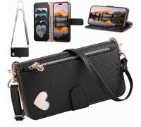 BaiFu Étui Le Sac bandoulière Compatible avec Leitz Phone 3, Coque Portefeuille magnétique avec Porte-Cartes, Poche zippée et Long Cordon-Noir