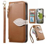 BaiFu Étui Portefeuille à Fermeture éclair pour Fairphone 5, Dragonne, béquille, Coques à Motifs de Feuilles d'arbre pour Fairphone 5-Marrón