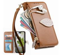 BaiFu Étui Portefeuille à Fermeture éclair pour TCL NxtPaper 60 Ultra, Dragonne, béquille, Coques à Motifs de Feuilles d'arbre pour TCL NxtPaper 60 Ultra-Marrón