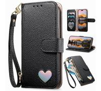 BaiFu Étui Portefeuille pour Fairphone 5, Fermeture éclair, Porte-Cartes, Coque à Motif cœur, béquille, Pochette de Rangement en Cuir PU pour Fairphone 5-Noir
