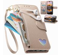 BaiFu Étui Portefeuille pour Oppo A72 5G/A73 5G, Fermeture éclair, Porte-Cartes, Coque à Motif cœur, béquille, Pochette de Rangement en Cuir PU pour Oppo A72 5G/A73 5G-Kaki