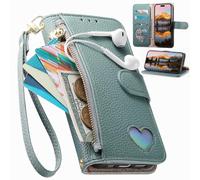 BaiFu Étui Portefeuille pour Oppo A72 5G/A73 5G, Fermeture éclair, Porte-Cartes, Coque à Motif cœur, béquille, Pochette de Rangement en Cuir PU pour Oppo A72 5G/A73 5G-Vert