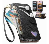 BaiFu Étui Portefeuille pour Vivo Y19S, Fermeture éclair, Porte-Cartes, Coque à Motif cœur, béquille, Pochette de Rangement en Cuir PU pour Vivo Y19S-Noir