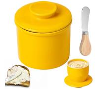 BAIFULAI Beurrier français en céramique avec couvercle rond, beurrier refroidi à l'eau avec ligne d'eau, beurrier en porcelaine, cloche à beurre en céramique pour beurre à tartiner jaune
