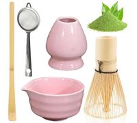 BAIFULAI Ensemble à thé matcha 5 pièces en céramique, fouet japonais, bol à matcha, porte-fouet, passoire, accessoires japonais pour matcha cérémonie (rose)