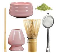 BAIFULAI Ensemble à thé matcha 5 pièces - Set à thé japonais - Fouet en céramique - Bol à matcha - Porte-fouet - Accessoires japonais pour cérémonie de matcha (rose)