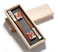 BAIFULAI Lot de 2 paires de baguettes à sushi en bois avec support en céramique en fleurs de cerisier, boîte en bois de qualité supérieure, durable, japonais, chinois, coréen, taïwanais, japonais