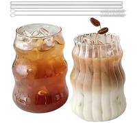 BAIFULAI Lot de 2 Verres à Eau Ondulés 530 ml Avec Pailles et Brosse - Pour Café Glacé, Boissons et Latte Macchiato