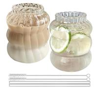 BAIFULAI Lot de 2 Verres à Eau Ondulés 650 ml Avec Pailles et Brosse - Pour Café Glacé, Boissons et Latte Macchiato