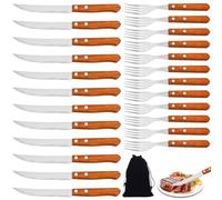 BAIFULAI Lot de 24 couverts pour steak, en acier inoxydable, avec manche en bois, set de couteaux et fourchettes à steak, pour 12 personnes