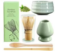 BAIFULAI Lot de 5 fouets Matcha, Matcha, bol en céramique, cuillère à café, porte-fouet, accessoire japonais pour cérémonie matcha (vert)