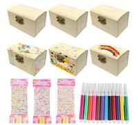 BAIFULAI Lot de 6 mini coffres au trésor en bois pour enfants - Avec couvercle et autocollants et stylo aquarelle de 12 couleurs - Rectangulaire - Pour fête de pirate, anniversaire, bricolage