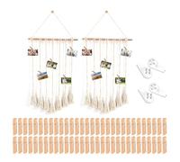 BAIFULAI Macramé suspendu pour photo : 2 pièces rideau photo avec 60 pinces en bois petites, tenture murale bohème chic tapisserie tissée pour décoration intérieure, chambre à coucher, fête de mariage
