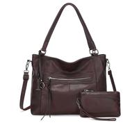 BAIGIO Sac a Main Grand Cuir PU Sac Hobo Sacs Cabas Femme Sacs Bandoulière Fourre Tout Messenger et Portefeuille Ensemble pour Travail Shopping Party Voyage, Rouge Choco