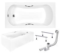 Baignoire BADLAND ARIA PLUS - Rectangulaire - 170 x 70 cm - Kit complet avec tablier en acrylique blanc + pieds et bonde automatique chromée exclusive - Fabriqué en UE - 4 en 1