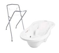 Baignoire bébé avec réducteur et thermomètre intégrés Blanc + Pied | Bonde de vidange et espaces latéraux permettent de garder les accessoires à portée de main et facilitent la toilette.