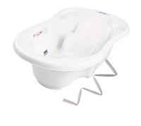 Baignoire bébé avec réducteur et thermomètre intégrés Blanc + Tuyau | Bonde de vidange et espaces latéraux permettent de garder les accessoires à portée de main et facilitent la toilette.