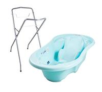 Baignoire bébé avec réducteur et thermomètre intégrés Bleu + Pied | Bonde de vidange et espaces latéraux permettent de garder les accessoires à portée de main et facilitent la toilette.