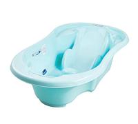 Baignoire bébé avec réducteur et thermomètre intégrés Bleu/sans option | Bonde de vidange et espaces latéraux permettent de garder les accessoires à portée de main et facilitent la toilette.