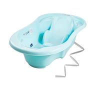 Baignoire bébé avec réducteur et thermomètre intégrés Bleu + Tuyau | Bonde de vidange et espaces latéraux permettent de garder les accessoires à portée de main et facilitent la toilette.