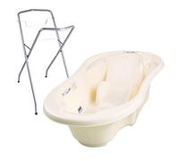 Baignoire bébé avec réducteur et thermomètre intégrés Jaune + Pied | Bonde de vidange et espaces latéraux permettent de garder les accessoires à portée de main et facilitent la toilette.