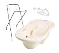 Baignoire bébé avec réducteur et thermomètre intégrés Jaune + Pied + Tuyau | Bonde de vidange et espaces latéraux permettent de garder les accessoires à portée de main et facilitent la toilette.