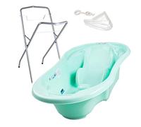 Baignoire bébé avec réducteur et thermomètre intégrés Vert + Pied + Tuyau | Bonde de vidange et espaces latéraux permettent de garder les accessoires à portée de main et facilitent la toilette.