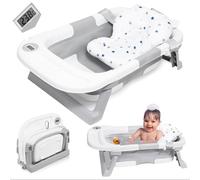 Baignoire Bebe, Baignoire Pliable Bébé, Baignoire Bébé Avec Thermometre Digital, Coussin De Bain, Baignoire Bebe Pliable, Compacte Portable Avec Plateau De Rangement