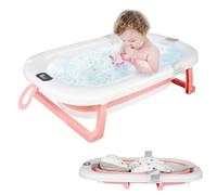 Baignoire Bebe Pliable avec Témoin de Température, Coussins de Douche, Prise de Douche, Pieds Antidérapante, Baignoire Pliable BéBé pour Nouveau-Né, 0 à 24 Mois (Rose, 80x50x23cm)