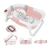 Baignoire Bebe Pliable avec Thermometre Digital, Baignoire Bebe avec Coussin Baignoire Bebe avec Prise Pommeau de Douche, Convient Aux Bébés de 0 à 36 Mois, Ergonomique et Peu Encombrante (Rose)