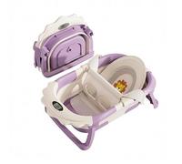 Baignoire Bébé Pliable avec Thermomètre Et Support Coussin de Bain - Affichage Température Numérique - Modèle Lion Violet et Blanc