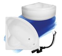 Baignoire d'angle BADLAND - Blanc - En acrylique - Standard - 130 x 130 cm - Kit complet avec tablier en acrylique blanc + pieds et bonde d'évacuation automatique exclusive chromée - Fabriqué en UE -