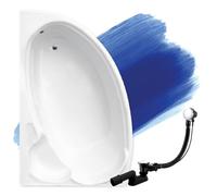 Baignoire d'angle originale Finezja - En acrylique - Blanc - 155 x 95 cm - Avec pieds et bonde automatique exclusive - Fabriqué en UE - 3 en 1