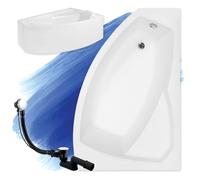 Baignoire d'angle Rima d'origine blanche en acrylique 160 x 100 cm, kit complet avec tablier en acrylique blanc, pieds et bonde automatique exclusive chromée, fabriqué en UE, 4 en 1