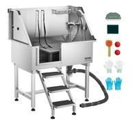 VEVOR Baignoire de Chien Acier Inoxydable, Baignoire de Toilettage pour Animaux de Compagnie 96 cm Station de Lavage Chat, avec Escalier à Droite, Robinet, Pommeau de Douche, Porte-savon, Porte Gauche