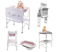 Baignoire multifonction 5 en 1 pliable avec support, table à langer, plateaux de rangement, vidage avec tube et support pour douche (rose standard)