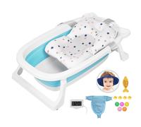 Baignoire Pliable Bébé Évolutive 73x44x24cm - Coussin De Bain - Avec Thermomètre - Bleu
