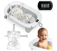 Ricokids Baignoire bébé pliable – Thermomètre et coussin – Légère antidérapante, Blanc-Gris