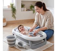 Baignoire pliable pour bébé avec capteur de température, coussin doux, tasse de bain et ensemble de bain pour bébé - Baignoire pliable pour nouveau-né et tout-petits de 0 à 24 mois