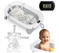 Ricokids Baignoire bébé pliable – Thermomètre et coussin – Légère antidérapante, Blanc-Gris