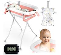 Ricokids Baignoire pliable pour bébé – Insert nouveau-né, thermomètre intégré, légère, blanc/rose
